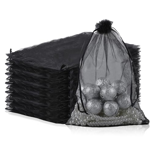 100 Pcs Organza Bags, Grey Sheer Organza,Wedding Favor with Drawstring,Jewelry Gift Bag for Party, Jewelry, Bathroom Soaps (Black, 6.69 * 9.06 inch) - color: Black
