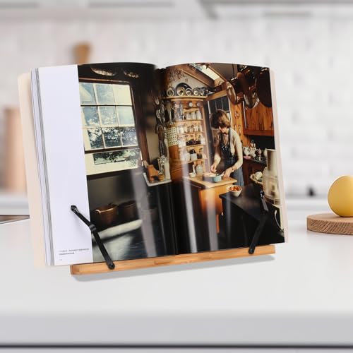 MEGREZ Book Stand for Reading (13.2 x 9.4 inch) Bamboo Cookbook Stand Holder for Kitchen, Adjustable Book Holder Stand for Tablet/Textbook Holder/Hollow Bookrest Stand, Bow - color: Bow