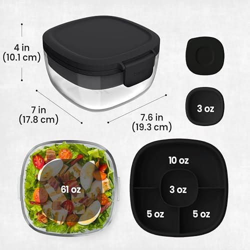 Bentgo Glass Salad Container - 7.6-Cup Salad Bowl with Airtight Lid, Leak-Proof Sauce Container, 4-Compartment Bento Tray & Reusable Fork - BPA-Free for Meal Prep, Office & More (Black Onyx) - color: Black Onyx