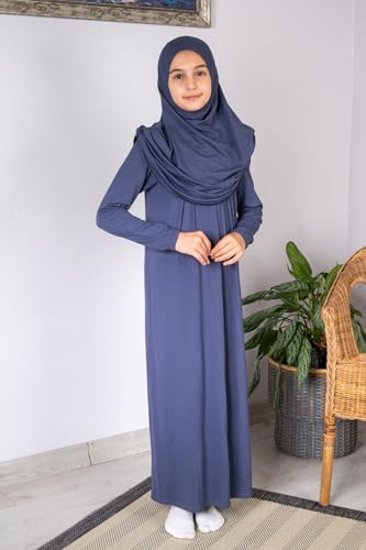 ihvan online Muslim Dress for Girls, Long Sleeve One-Piece Islamic Prayer Dress, Hijab for Kids, Girls Abaya, Islamic Gifts - color: Navy Blue
