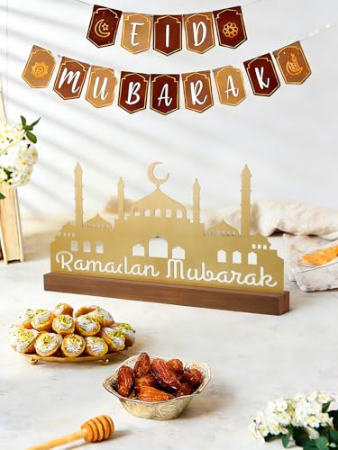 Enlarged 15.7in Metal Ramadan Table Sign - Eid Mubarak Tabletop Decorations, Muslim Golden Palace Dinner Ornaments for Islamic Gifts Parties Home Kitchen, Hollow Letters - style: Hollow Letters