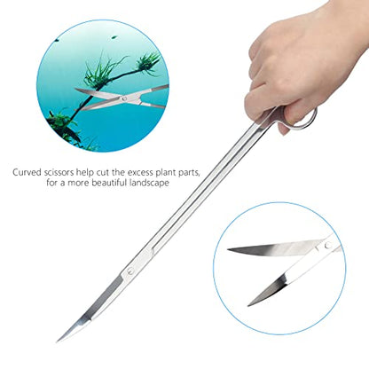 15" Aquarium Aquascape Tools Kit 4P Stainless Steel Aquascaping Set | 4in1 Extra Long Full Metal Design, Scissors, 2P Tweezers And Sand Spatula, For Trimming Plants, Arranging Sand And Aquascape - color: Silver