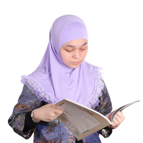 MuLanLegend Cotton Lace Hijab | Princess Nur | Girls Kids Instant Slip-on Scarf Sarong | Ligthweight and Comfortable - color: Light Purple