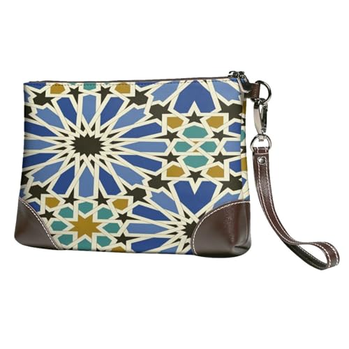 Leather Clutch Purse for Women, Large Capacity Wristlet Wallet with Removable Strap, Zip Handbag - color: Geometric Islamic Art