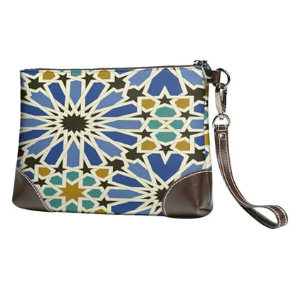 Leather Clutch Purse for Women, Large Capacity Wristlet Wallet with Removable Strap, Zip Handbag - color: Geometric Islamic Art