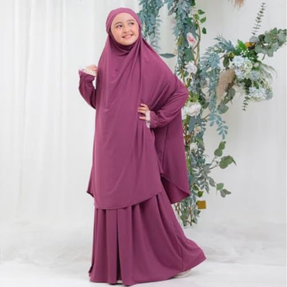 Kids Girls Muslim Islamic Two-piece Outfits Lace Long Sleeve Hijab Dress Abaya and Loose Skirt Full Cover Kaftan - color: Purple, size: 7-8 Years