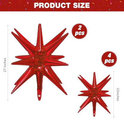 6 Pcs Red Star Foil Balloons One-Piece 14-Pointed Star Balloon 4D Starburst Cone Mylar Balloons 22inch Christmas Birthday Wedding Wedding Anniversary Party Supplies (22&27 Inches Red) - color: 22&27 Inches Red