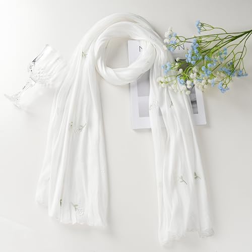Shinny Threat Hijab Flower Embroidery Shawl Scarf Summer Cool Headwrap | Shinny Threat, Flower Embroidery - color: White