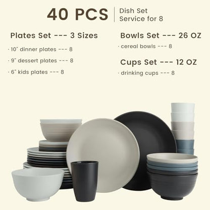 Homienly Premium 40 PCS Wheat Straw Dinnerware Set - Dinner Plates, Cereal Bowls, Unbreakable Cups Set, Microwave and Dishwasher Safe Dishes Set, Reusable Lightweight Dish Sets for Kitchen(Black Grey) - color: Black Grey, size: 40 PCS