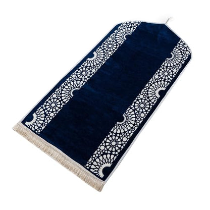 Modefa Turkish Islamic Prayer Mat - Chenille with Foam and Carrying Bag - Intricate Praying Rug Ramadan Eid Gift - Traditional Muslim Janamaz Seccade for Men Women - Mustaqim (Navy) - color: Navy