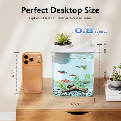0.8 Gallon Betta Fish Tank Aquarium Starter Kit with Light and Lid(White) | Premium Acrylic Aquarium with Light and Lid, Crystal Clear Starter Kit for Betta Fish, Shrimp, Snails and Small Fish - color: White, size: 0.8 Gallon