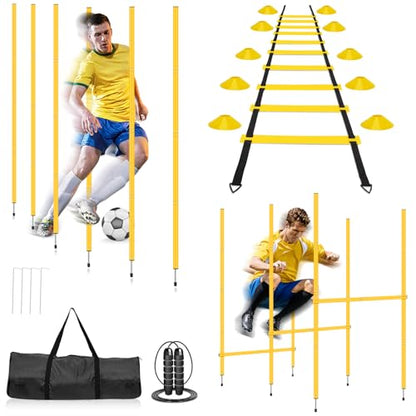 Agility Training Set Multi-Function Soccer Training Equipment for Athletes | 3 Adjustable Speed Hurdles, 6 Agility Poles, 1 Agility Ladder, 12 Soccer Cones & Jump Rope for Athletes, Amateurs, Youth