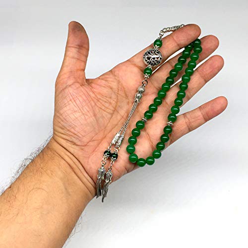Design - Long & Stylist Tassels Worry Beads - Prayer Beads (8 mm-33 Beads) Tesbih-Tasbih-Tasbeeh-Misbaha-Subha-Sebha-Sibha-Rosary (Green Jade Natural Stone) - color: Green Jade Natural Stone