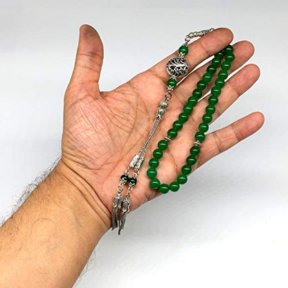 Design - Long & Stylist Tassels Worry Beads - Prayer Beads (8 mm-33 Beads) Tesbih-Tasbih-Tasbeeh-Misbaha-Subha-Sebha-Sibha-Rosary (Green Jade Natural Stone) - color: Green Jade Natural Stone
