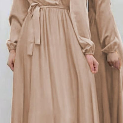 JEKE-DG Women Long Sleeve Maxi Dress Elegant Formal Loose Clothes Full Cover Arabian Robe Prayer Clothes with Belt (Large,Apricot)