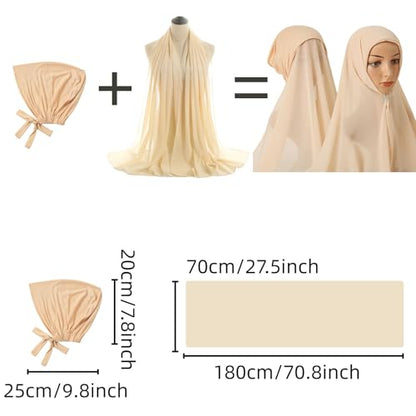 Yeieeo Instant Chiffon Hijab with Undercap (Tube or Bandage Cap), Breathable, no sweat buildup,Solid Chiffon Head Wraps - color: Beige