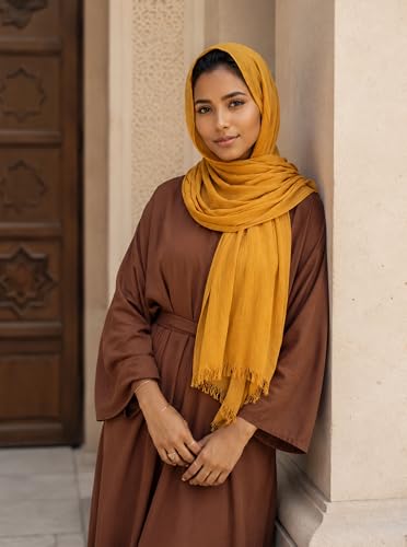 Cotton Linen Plain Hijab Scarf For Women,Muslim Viscose Crinkle Edge With Fringe,Summer Beach Wrap Headwraps Shawl - color: 11#ginger