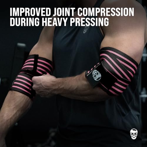 Gymreapers Weightlifting Elbow Wraps (1 Pair) - Flexible 40'' Elbow Compression Strap & Joint Support Brace - for Bench Press, Powerlifting, and Pressing - color: Pink