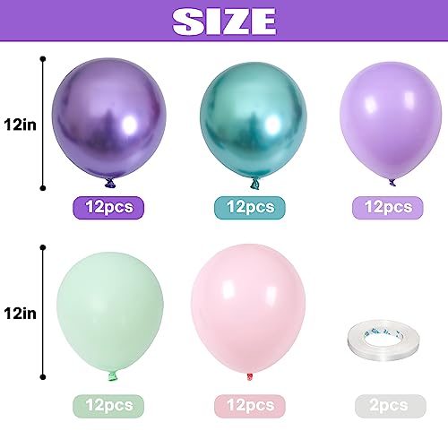 인어 파티 풍선 세트, 60팩 30.5cm(12인치) 메탈릭 퍼플 핑크 그린 블루 라텍스 풍선 여아용 인어 생일 파티 장식, 베이비 샤워, 생일, 바다 아래 파티 장식 - color: 블루 퍼플 인어