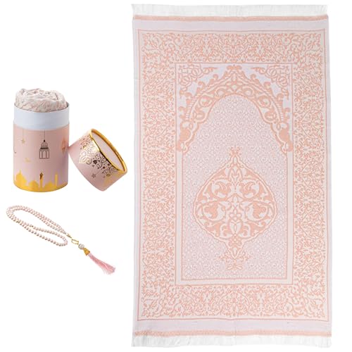 Modefa Islamic Gifts Prayer Mat | Thin Woven Praying Mat Muslim Prayer Rug | Muslim Gifts for Men Ramadan Gifts with Prayer Beads | Ottoman Rug with Cylinder Gift Box Set Ramadan (Light Pink #2) - color: Light Pink