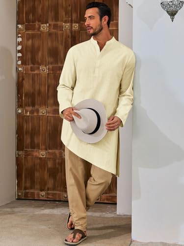 Runcati Mens Kaftan Robe Thobe Cotton Long Sleeve Henley Shirt Casual Muslim Gown Kurta Tops - color: Beige, size: Medium