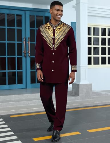 Mens African 2 Piece Set Metallic Traditional Suit Gold Stamp Printed African Dashiki Shirt and Pants Outfit - color: Wine Red, size: Medium