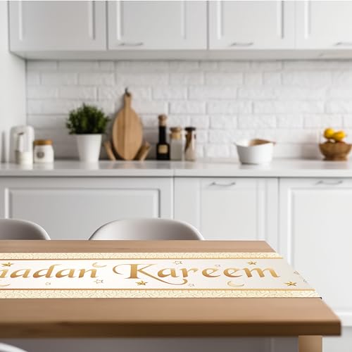 Ramadan Mubarak Table Runner - White & Gold Silk, 13.8x71 inches - size: White Ramadan Mubarak
