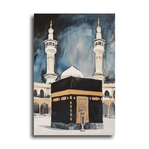 Mosque Canvas Wall Art Framed Muslim Mosque Picturs Mecca Kaaba Poster Prints Islamic Paintings for Home Office Decor（Artwork-1,16x24inch (40x60cm) - color: Mosque-1, size: 16"L x 24"W
