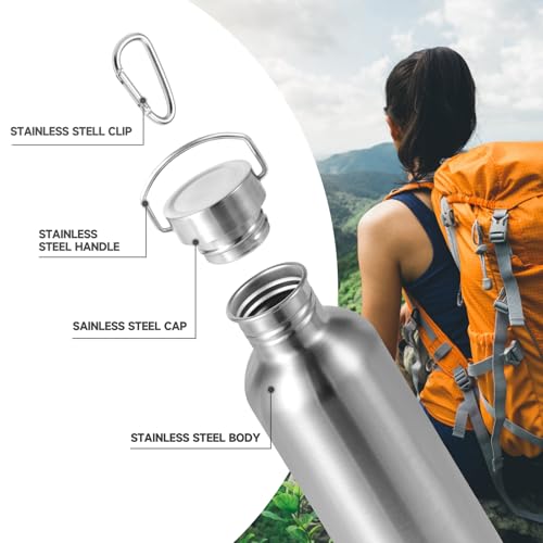 Volhoply 32oz Uninsulated Single Walled Water Bottle, Stainless Steel Sports Water Bottles with Handle, BPA Free Lightweight Water Bottles for Hiking, Biking, Running（Silver,1） - color: silver