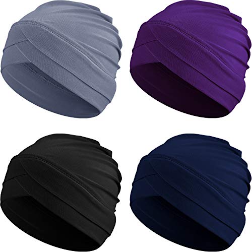 Geyoga 4 Pcs Women Turban Caps Chemo Headwear Cancer Patient Head Covering Soft Pleated Stretchy Head Wrap Sleep Hat - color: Black, Gray, Navy Blue, Purple