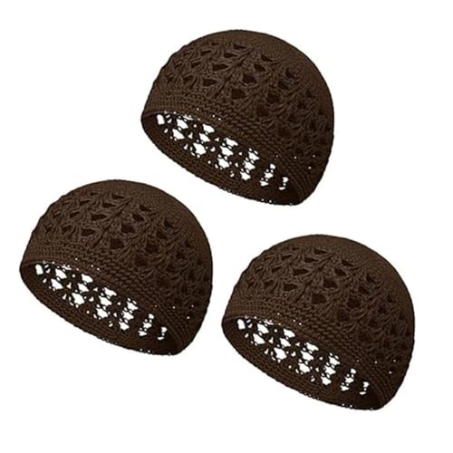 3pcs Knit Kufi Hats for Men Muslim Prayer Cap Islamic Ramadan Eid Taqiyah Cap Koofi Topi Beanie Skull Hat Under Hat - color: Brown