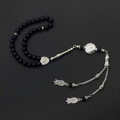 Stylist Prayer Beads (8 mm-33 Beads) Tesbih-Tasbih-Tasbeeh-Misbaha-Masbaha-Subha-Sebha-Sibha-Rosary-Worry Beads (Black Matte Agate Stone) - color: Black Matte Agate Stone