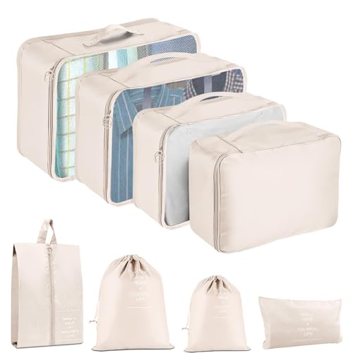 Packing Cubes for Travel 8 Set Luggage Organizer Bags - color: Beige, size: 8 Set
