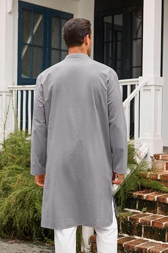 Runcati Mens Kaftan Thobe Button Down Casual Henley Shirts Long Sleeve Robe Cotton Linen Muslim Gown Shirt - color: Grey, size: Large