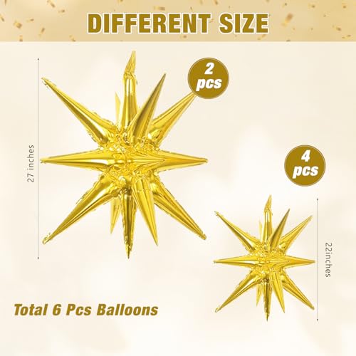 6 Pcs Gold Star Foil Balloons One-Piece 14-Pointed Star Balloon 4D Starburst Cone Mylar Balloon 22inch Christmas Birthday Wedding Wedding Anniversary Party Supplies (22&27 Inches Gold) - color: 22&27 Inches Gold