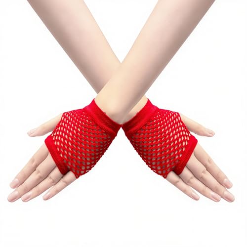 Short Fishnet Gloves for Women Fingerless Mesh Fishing Net Gloves 80s Fish Net Arm Sleeves Halloween Party Cosplay Costume - color: Red