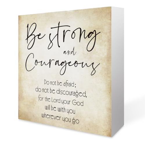 Inspirational Bible Verse Be Strong and Courageous Do Not Be Afraid Wooden Box Sign Desk Decor Rustic Scripture Wood Block Plaque Box Sign for Home Office Shelf Table Decoration 5 x 5Inches - color: Joshua 1:9