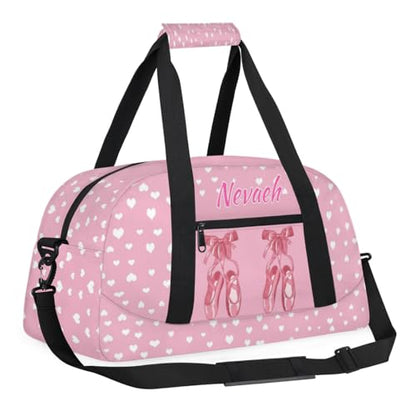 Personalized Dance Duffle Bag for Women Girls, Custom Duffel Bag Toddler Workout Gym Bag, Pink Ballet Shoes with White Love Hearts Pattern, Pink Background - color: Color27
