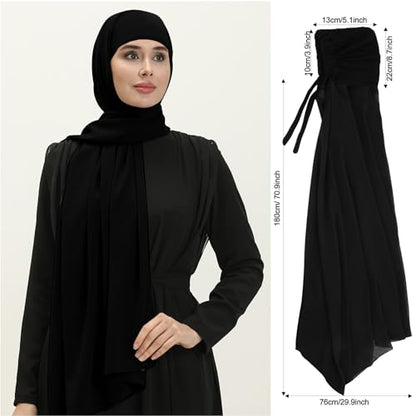 XEPST Instant Hijab for Women, Islamic Muslim Chiffon Hijab with Matching Tie Back Hijab Undercap Soft Instant Hijab Ready to Wear Solid Color Headscarf Turban Wrap Hijab Scarf for Women, Black