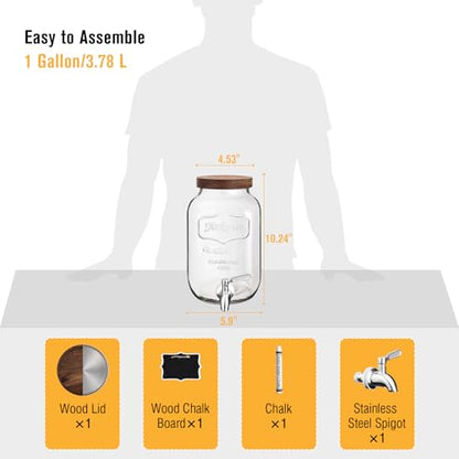 Mustry Glass Drink Dispenser for Parties, 1 Gallon Beverage Dispenser with Spigot Solid Stainless Steel, Used as Lemonade Dispenser Sun Tea Jar Kombucha Jar - size: Single