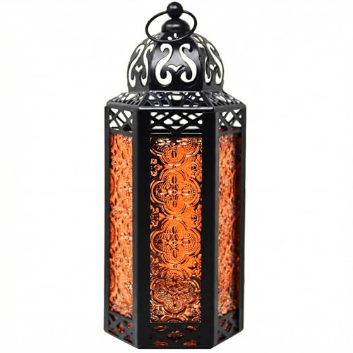 Vela Lanterns Decorative Indoor Moroccan Candle Holder, Amber, M | Halloween Decorations, Amber Orange Glass Decor, Gothic Dark Academia Lamp, Turkish Votive Pillar Tealight, 10.5in Tall - color: Black/Amber, size: Medium