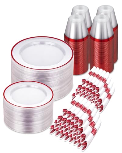 BESTSTAR 700PCS Clear and Red Disposable Plates Set for 100 Guests - color: Red, size: 700 Piece (100 guests)