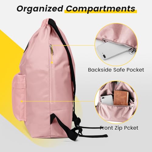 Vorspack Drawstring Backpack Water Resistant String Bag Sports Gym Sack with Side Pocket for Men Women - color: Pink