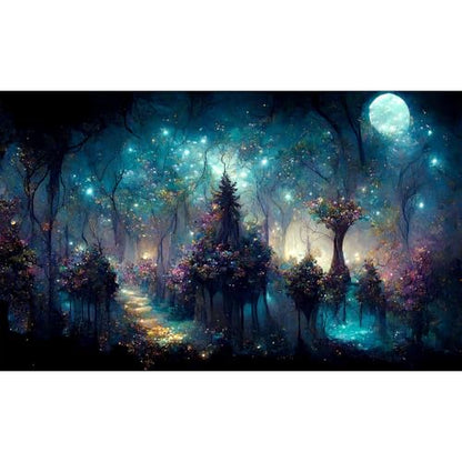 Fairy Tale Eden Aquarium Background Fantasy Trees Various Flowers Fish Tank Background Misty Night Sparking Stars Moon Terrarium Backgrounds Stunning Flowers Scene Reptile Tank Backgrounds 24x16in - color: Purple_Blue, size: 24(W)x16(H)in