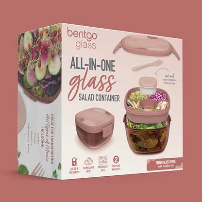Bentgo Glass Prints Salad Container - 7.6-Cup Tinted Glass Salad Bowl with Airtight Lid, Leak-Proof Sauce Container, 4-Compartment Bento Meal Prep Tray & Reusable Fork (Mod Curve - Desert Rose) - color: Mod Curve - Desert Rose