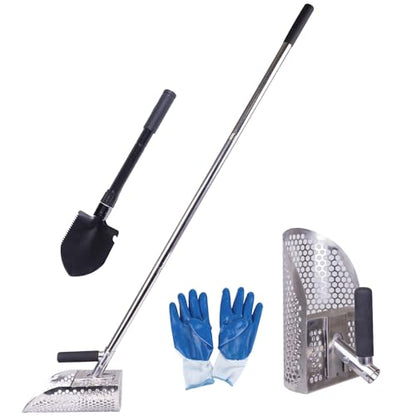 Sand Scoop for Metal Detecting, Heavy Duty Stainless Steel Sand Scoop with Long Handle,Includes 1* Folding Shovel,One Pair of Gloves