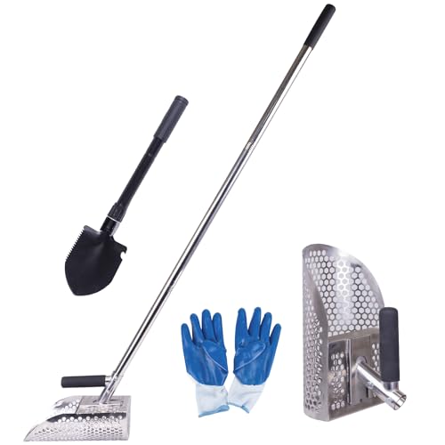Sand Scoop for Metal Detecting, Heavy Duty Stainless Steel Sand Scoop with Long Handle,Includes 1* Folding Shovel,One Pair of Gloves