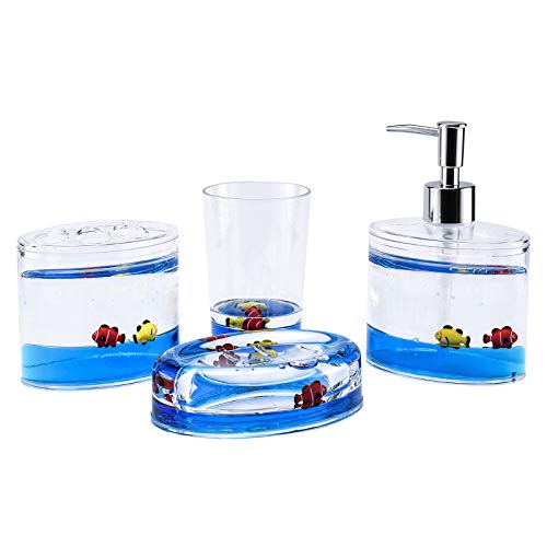 4 Piece Acrylic Liquid 4D Floating Motion Bathroom Vanity Accessory Set Ocean Cartoon Animal Theme Fish Toothbrush Holder, Tumbler, Soap Dispenser, Soap Dish - size: 4-piece, style: Fish