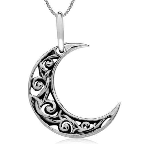 Silvershake 925 Sterling Silver Waning Crescent Moon Filigree Pendant with 1mm 18 Inch Venetian Box Chain Necklace