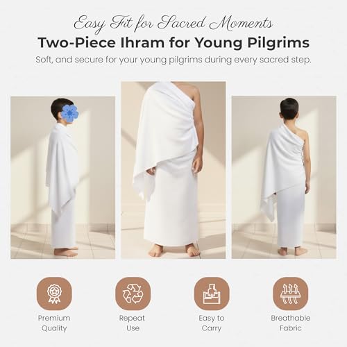 Pre-Teen Two-Piece Ihram Towel Set for Hajj and Umrah – A Pure White, Lightweight, and Travel-Friendly Children's Ihram - Breathable, Quick-Dry Microfiber Muslim Pilgrimage Wear for Boys Aged 7–11 - color: Pre_teen Ihram Set